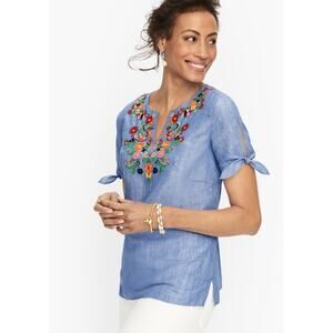 Talbots Petite XL Embroidered Flowers Linen Popover Top Blue Chambray Tie Sleeve